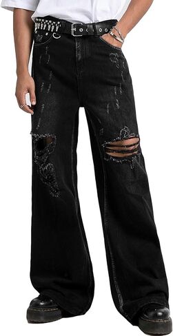 COOLMONAR Men's Baggy Jeans Ripped Black Wide Leg Distressed Destroyed Jean Denim Pants in Saudi Arabia
