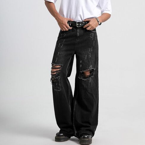 COOLMONAR Men's Baggy Jeans Ripped Black Wide Leg Distressed Destroyed Jean Denim Pants in Saudi Arabia