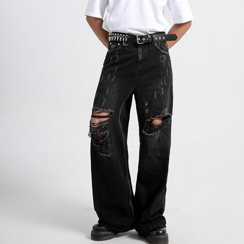 COOLMONAR Men's Baggy Jeans Ripped Black Wide Leg Distressed Destroyed Jean Denim Pants in Saudi Arabia