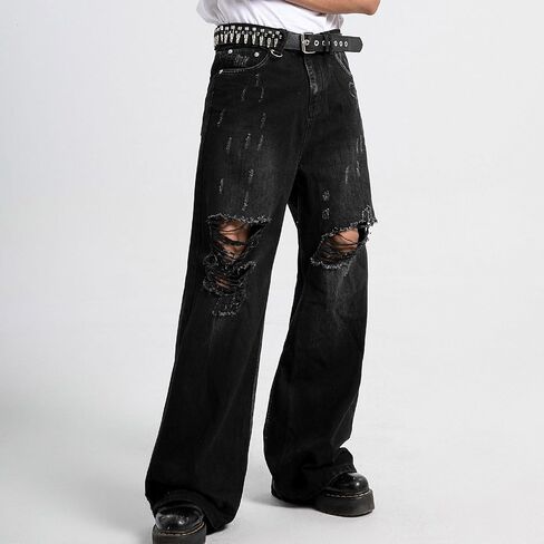 COOLMONAR Men's Baggy Jeans Ripped Black Wide Leg Distressed Destroyed Jean Denim Pants in Saudi Arabia