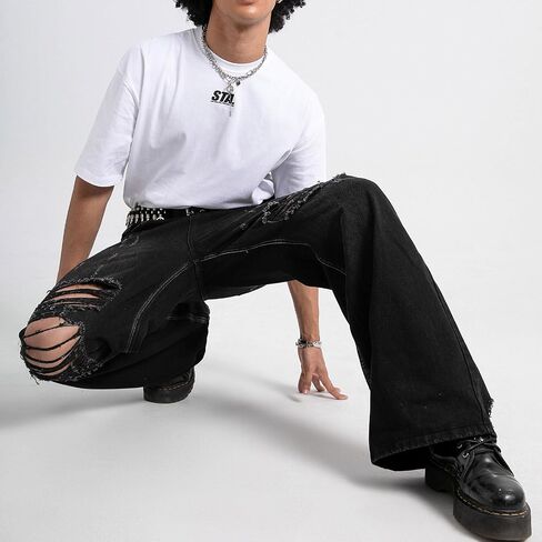 COOLMONAR Men's Baggy Jeans Ripped Black Wide Leg Distressed Destroyed Jean Denim Pants in Saudi Arabia
