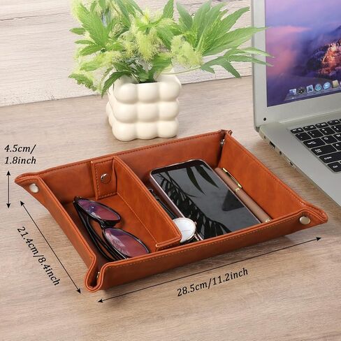 Vintage Valet Tray Set of 2, Foldable PU Leather Catchall Organizer with Removable Dividers for Desktop, Nightstand, Dresser - Dark Brown, 11.2"x8.4"x1.8" in Saudi Arabia