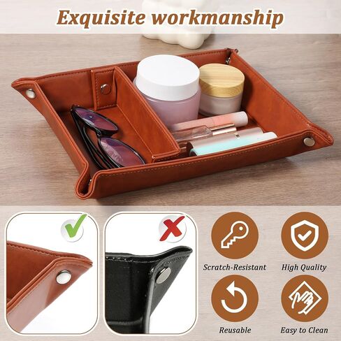 Vintage Valet Tray Set of 2, Foldable PU Leather Catchall Organizer with Removable Dividers for Desktop, Nightstand, Dresser - Dark Brown, 11.2"x8.4"x1.8" in Saudi Arabia
