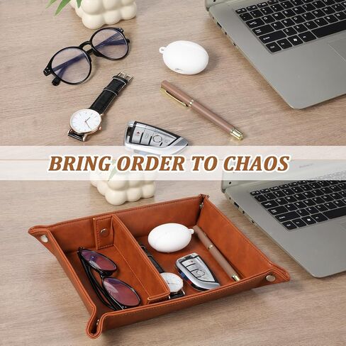 Vintage Valet Tray Set of 2, Foldable PU Leather Catchall Organizer with Removable Dividers for Desktop, Nightstand, Dresser - Dark Brown, 11.2"x8.4"x1.8" in Saudi Arabia