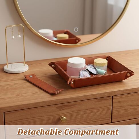 Vintage Valet Tray Set of 2, Foldable PU Leather Catchall Organizer with Removable Dividers for Desktop, Nightstand, Dresser - Dark Brown, 11.2"x8.4"x1.8" in Saudi Arabia