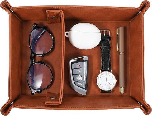 Vintage Valet Tray Set of 2, Foldable PU Leather Catchall Organizer with Removable Dividers for Desktop, Nightstand, Dresser - Dark Brown, 11.2"x8.4"x1.8" in Saudi Arabia