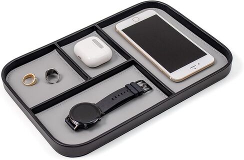 Valet Tray for Men 12 X 8 inch, 4-Compartment PU Leather Tray to Organize Keys, Earphones, Phones, Wallets and Watches for Nightstand Entranceway Dressing Table, Cloakroom&Drawers(Black Frame) in Saudi Arabia