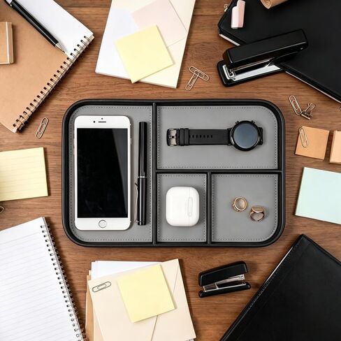 Valet Tray for Men 12 X 8 inch, 4-Compartment PU Leather Tray to Organize Keys, Earphones, Phones, Wallets and Watches for Nightstand Entranceway Dressing Table, Cloakroom&Drawers(Black Frame) in Saudi Arabia