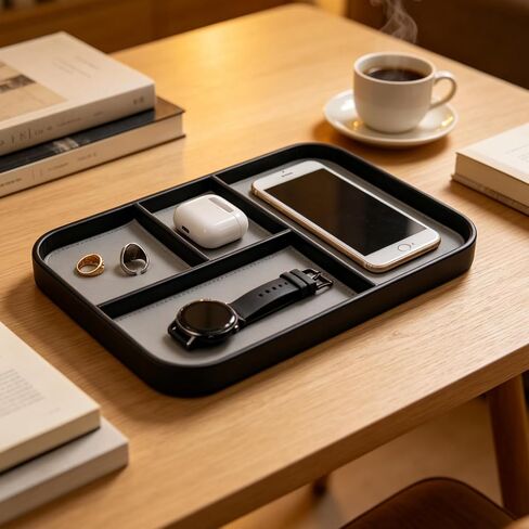 Valet Tray for Men 12 X 8 inch, 4-Compartment PU Leather Tray to Organize Keys, Earphones, Phones, Wallets and Watches for Nightstand Entranceway Dressing Table, Cloakroom&Drawers(Black Frame) in Saudi Arabia