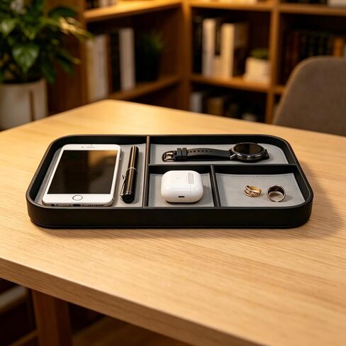 Valet Tray for Men 12 X 8 inch, 4-Compartment PU Leather Tray to Organize Keys, Earphones, Phones, Wallets and Watches for Nightstand Entranceway Dressing Table, Cloakroom&Drawers(Black Frame) in Saudi Arabia