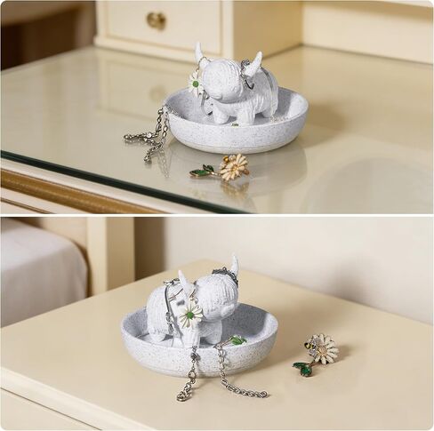 Highland Cow Ring Holder with Circular Dish – 3D Printed PLA Boho Farmhouse Jewelry Organizer for Women, Desk Decor for Bathroom, Office or Home in Saudi Arabia