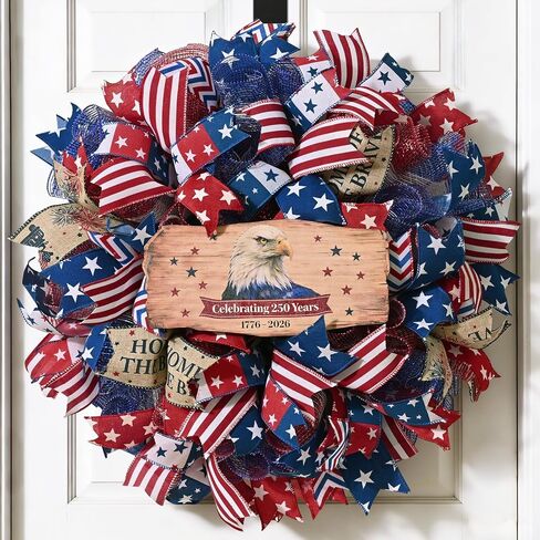 250th Anniversary Patriotic Wreath, 4th of July Wreaths for Front Door with Wooden Eagle Door Sign & Red White Blue Ribbon for Independence Day Memorial Day Patriotic Decorations(18In, 1Pcs) in Kuwait