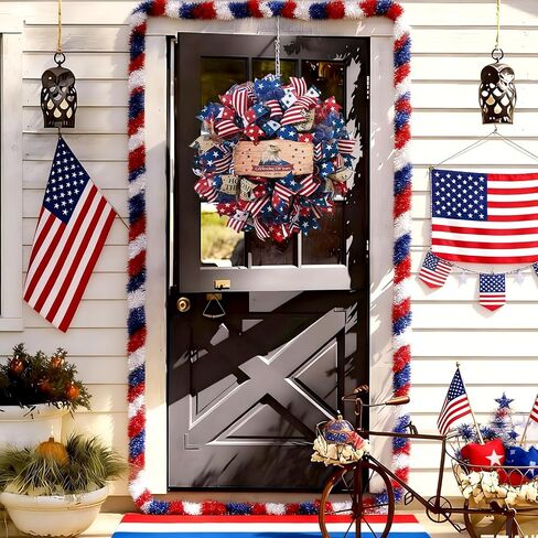 250th Anniversary Patriotic Wreath, 4th of July Wreaths for Front Door with Wooden Eagle Door Sign & Red White Blue Ribbon for Independence Day Memorial Day Patriotic Decorations(18In, 1Pcs) in Kuwait