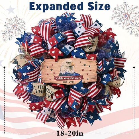 250th Anniversary Patriotic Wreath, 4th of July Wreaths for Front Door with Wooden Eagle Door Sign & Red White Blue Ribbon for Independence Day Memorial Day Patriotic Decorations(18In, 1Pcs) in Kuwait