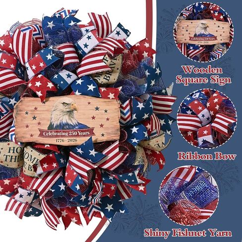 250th Anniversary Patriotic Wreath, 4th of July Wreaths for Front Door with Wooden Eagle Door Sign & Red White Blue Ribbon for Independence Day Memorial Day Patriotic Decorations(18In, 1Pcs) in Kuwait