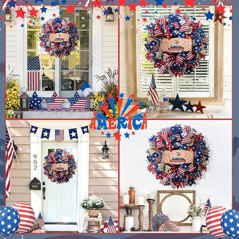 250th Anniversary Patriotic Wreath, 4th of July Wreaths for Front Door with Wooden Eagle Door Sign & Red White Blue Ribbon for Independence Day Memorial Day Patriotic Decorations(18In, 1Pcs) in Kuwait