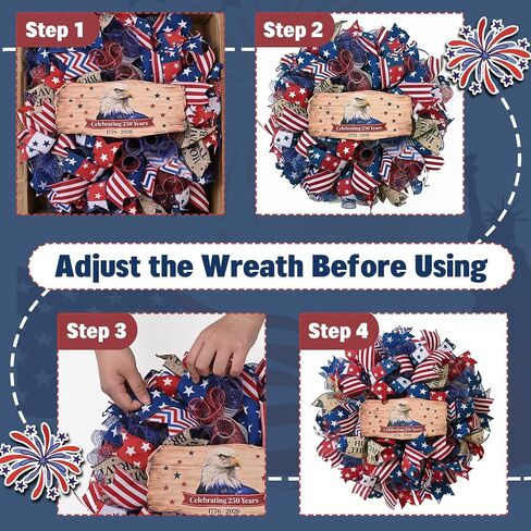 250th Anniversary Patriotic Wreath, 4th of July Wreaths for Front Door with Wooden Eagle Door Sign & Red White Blue Ribbon for Independence Day Memorial Day Patriotic Decorations(18In, 1Pcs) in Kuwait