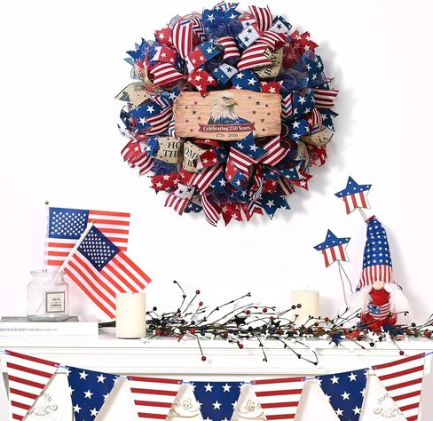 250th Anniversary Patriotic Wreath, 4th of July Wreaths for Front Door with Wooden Eagle Door Sign & Red White Blue Ribbon for Independence Day Memorial Day Patriotic Decorations(18In, 1Pcs) in Kuwait