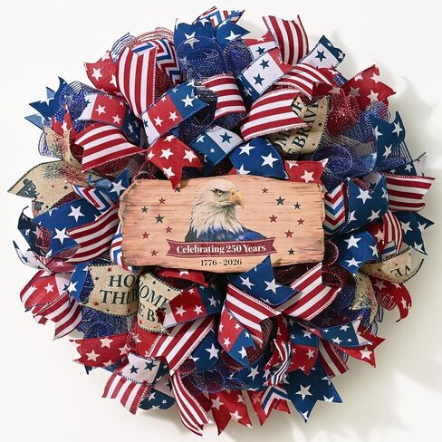 250th Anniversary Patriotic Wreath, 4th of July Wreaths for Front Door with Wooden Eagle Door Sign & Red White Blue Ribbon for Independence Day Memorial Day Patriotic Decorations(18In, 1Pcs) in Kuwait