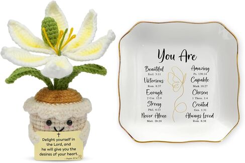 OASSIE Christian Gifts for Women Faith - Christian Bundle, Positive Crochet Lily & 4"x4" Ceramic Jewelry Dish Tray - Inspirational Catholic Birthday Gifts for Women Mom Wife Daughter Friends in Kuwait