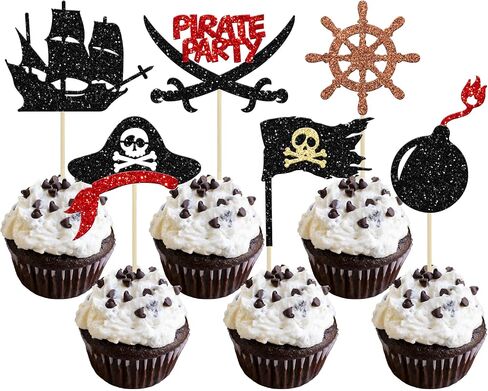 24Pcs Pirate Cupcake Toppers Black Glitter Nautical Sailing Skull Cap Cupcake Picks for Pirate Theme Baby Shower Kids Birthday Party Cake Decorations Supplies in Kuwait
