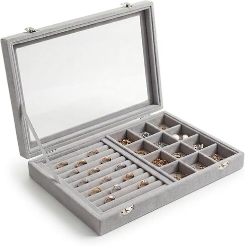 Jewelry Tray with Glass Lid,13.8" x 9.5" x 2" Velvet Jewelry Organizer Box, Adjustable Earring Storage Organizer, Drawer Ring Organizer, Gift for Women Girls (Gray) in Kuwait
