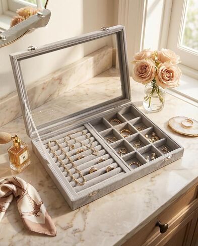 Jewelry Tray with Glass Lid,13.8" x 9.5" x 2" Velvet Jewelry Organizer Box, Adjustable Earring Storage Organizer, Drawer Ring Organizer, Gift for Women Girls (Gray) in Kuwait