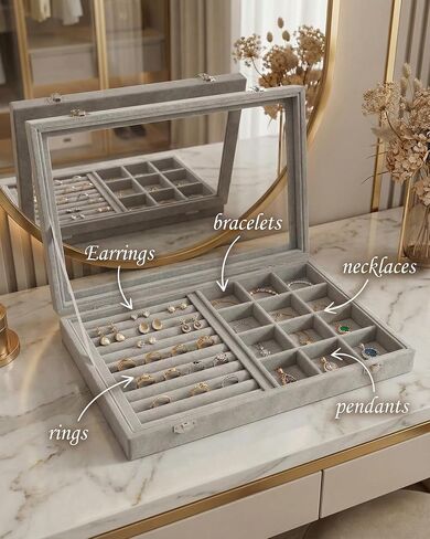 Jewelry Tray with Glass Lid,13.8" x 9.5" x 2" Velvet Jewelry Organizer Box, Adjustable Earring Storage Organizer, Drawer Ring Organizer, Gift for Women Girls (Gray) in Kuwait