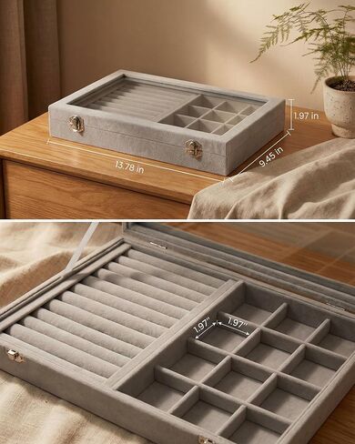 Jewelry Tray with Glass Lid,13.8" x 9.5" x 2" Velvet Jewelry Organizer Box, Adjustable Earring Storage Organizer, Drawer Ring Organizer, Gift for Women Girls (Gray) in Kuwait