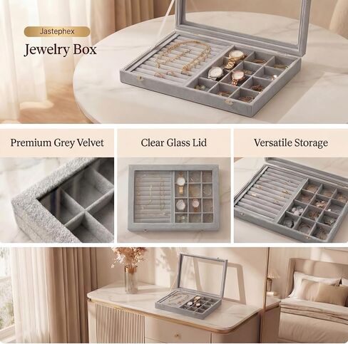Jewelry Tray with Glass Lid,13.8" x 9.5" x 2" Velvet Jewelry Organizer Box, Adjustable Earring Storage Organizer, Drawer Ring Organizer, Gift for Women Girls (Gray) in Kuwait