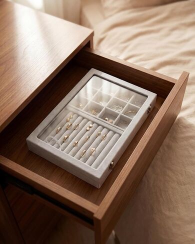 Jewelry Tray with Glass Lid,13.8" x 9.5" x 2" Velvet Jewelry Organizer Box, Adjustable Earring Storage Organizer, Drawer Ring Organizer, Gift for Women Girls (Gray) in Kuwait