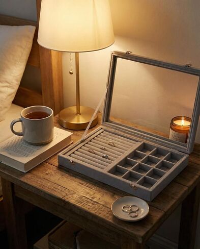 Jewelry Tray with Glass Lid,13.8" x 9.5" x 2" Velvet Jewelry Organizer Box, Adjustable Earring Storage Organizer, Drawer Ring Organizer, Gift for Women Girls (Gray) in Kuwait