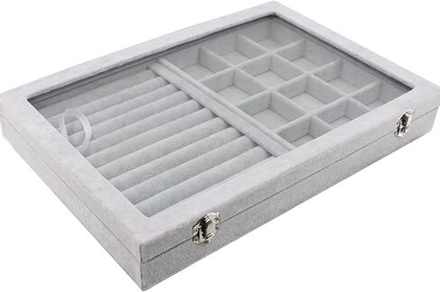 Jewelry Tray with Glass Lid,13.8" x 9.5" x 2" Velvet Jewelry Organizer Box, Adjustable Earring Storage Organizer, Drawer Ring Organizer, Gift for Women Girls (Gray) in Kuwait