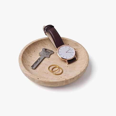 Natural Travertine Valet Tray - 5.5" Round Stone Jewelry Trinket Dish Catchall for Keys, Watches, Rings - Decorative Beige Bowl for Entryway, Nightstand, Bathroom Vanity in Saudi Arabia