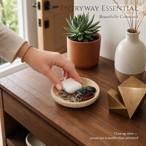 Natural Travertine Valet Tray - 5.5" Round Stone Jewelry Trinket Dish Catchall for Keys, Watches, Rings - Decorative Beige Bowl for Entryway, Nightstand, Bathroom Vanity in Saudi Arabia