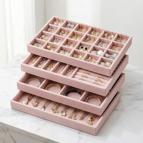 Velvet Jewelry Drawer Organizer Trays, 4-Layer Stackable Jewelry Storage Inserts Set, PINK Jewelry Tray Set for Earrings, Rings, Necklaces and Bracelets, Removable Dividers for Dresser Drawer in Kuwait