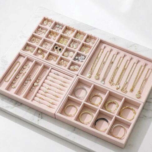 Velvet Jewelry Drawer Organizer Trays, 4-Layer Stackable Jewelry Storage Inserts Set, PINK Jewelry Tray Set for Earrings, Rings, Necklaces and Bracelets, Removable Dividers for Dresser Drawer in Kuwait