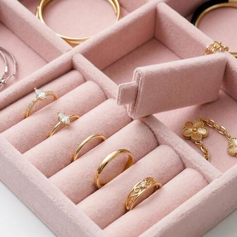 Velvet Jewelry Drawer Organizer Trays, 4-Layer Stackable Jewelry Storage Inserts Set, PINK Jewelry Tray Set for Earrings, Rings, Necklaces and Bracelets, Removable Dividers for Dresser Drawer in Kuwait