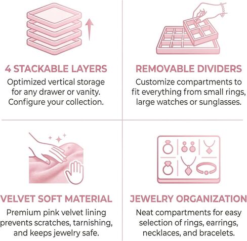 Velvet Jewelry Drawer Organizer Trays, 4-Layer Stackable Jewelry Storage Inserts Set, PINK Jewelry Tray Set for Earrings, Rings, Necklaces and Bracelets, Removable Dividers for Dresser Drawer in Kuwait