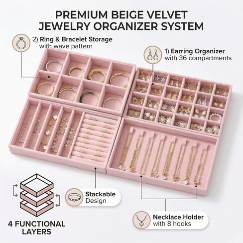Velvet Jewelry Drawer Organizer Trays, 4-Layer Stackable Jewelry Storage Inserts Set, PINK Jewelry Tray Set for Earrings, Rings, Necklaces and Bracelets, Removable Dividers for Dresser Drawer in Kuwait