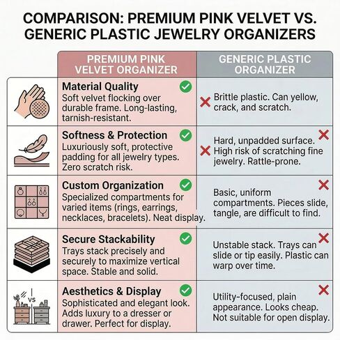Velvet Jewelry Drawer Organizer Trays, 4-Layer Stackable Jewelry Storage Inserts Set, PINK Jewelry Tray Set for Earrings, Rings, Necklaces and Bracelets, Removable Dividers for Dresser Drawer in Kuwait
