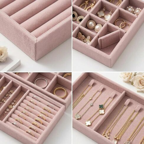 Velvet Jewelry Drawer Organizer Trays, 4-Layer Stackable Jewelry Storage Inserts Set, PINK Jewelry Tray Set for Earrings, Rings, Necklaces and Bracelets, Removable Dividers for Dresser Drawer in Kuwait