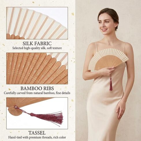 Handheld Chinese Folding Fan Hand Held Silk Bamboo Fans with Tassel Bamboo Silk Folding Fan Vintage Japanese Elegant Fans for Women Wedding Decoration Dancing Party Summer Cooling Festivals in Saudi Arabia