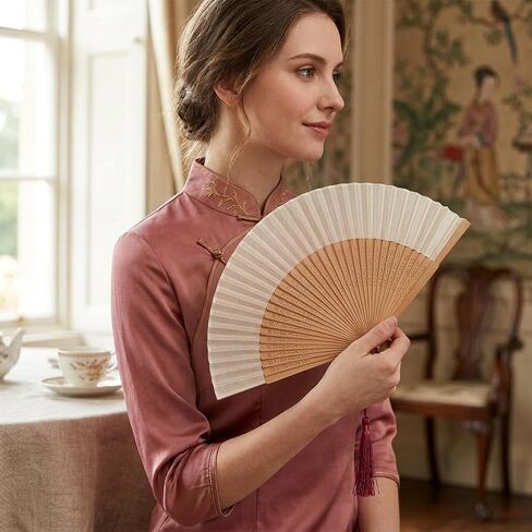 Handheld Chinese Folding Fan Hand Held Silk Bamboo Fans with Tassel Bamboo Silk Folding Fan Vintage Japanese Elegant Fans for Women Wedding Decoration Dancing Party Summer Cooling Festivals in Saudi Arabia