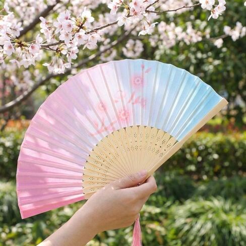Portable Colorful Hand Folding Fan Handle Traditional Bamboo Fan, Colorful Artistic Craft ﻿(Style 3) in Kuwait
