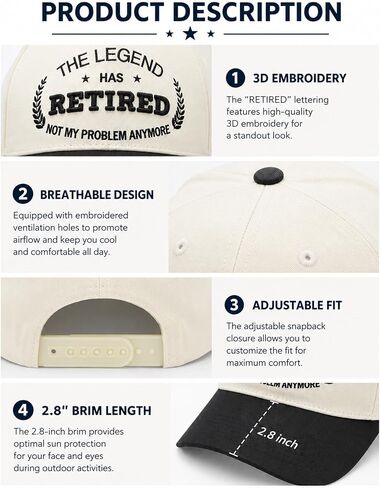 Retirement Gifts for Men Women, Happy Funny Retired Hat, 5-Panel Vintage 3D Embroidery Snapback Baseball Cap for Dad Mom Husband Wife in Saudi Arabia