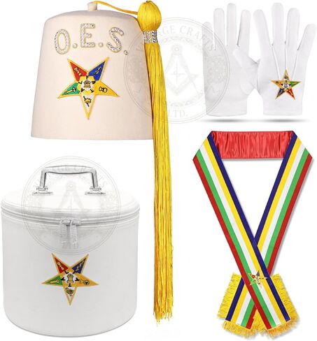 مجموعة Order of the Eastern Star OES Regalia مع غطاء وحقيبة Fez، ووشاح متعدد الألوان، وقفازات بيضاء in Kuwait