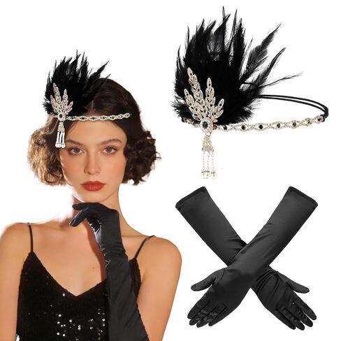 CURASA 1920s Accessories for Women 1920s Black Flapper Headpiece and Gloves Roaring 20s Accessories Costumes for Women Vintage Feather Headpiece 1920 Showgirl Headpieces for Wedding Cocktail Prom in Saudi Arabia