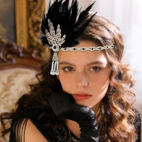 CURASA 1920s Accessories for Women 1920s Black Flapper Headpiece and Gloves Roaring 20s Accessories Costumes for Women Vintage Feather Headpiece 1920 Showgirl Headpieces for Wedding Cocktail Prom in Saudi Arabia