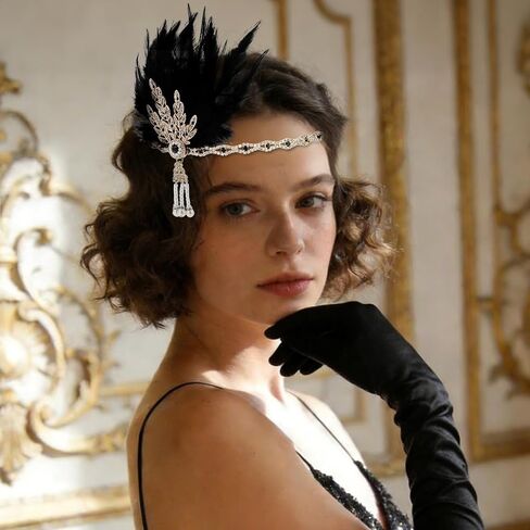 CURASA 1920s Accessories for Women 1920s Black Flapper Headpiece and Gloves Roaring 20s Accessories Costumes for Women Vintage Feather Headpiece 1920 Showgirl Headpieces for Wedding Cocktail Prom in Saudi Arabia
